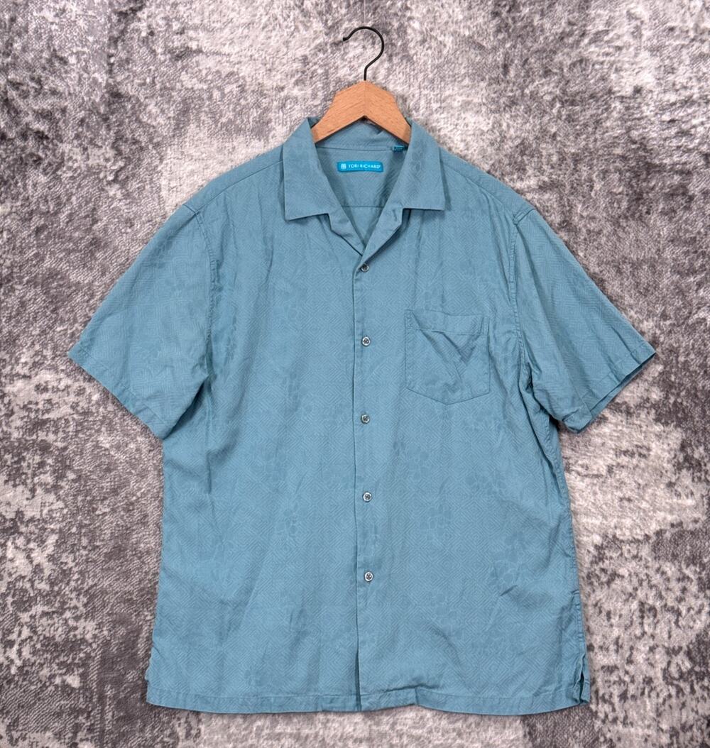Tori Richard Shirt Large Mens Breeze Block Silk Cotton Jacquard Camp Blue
